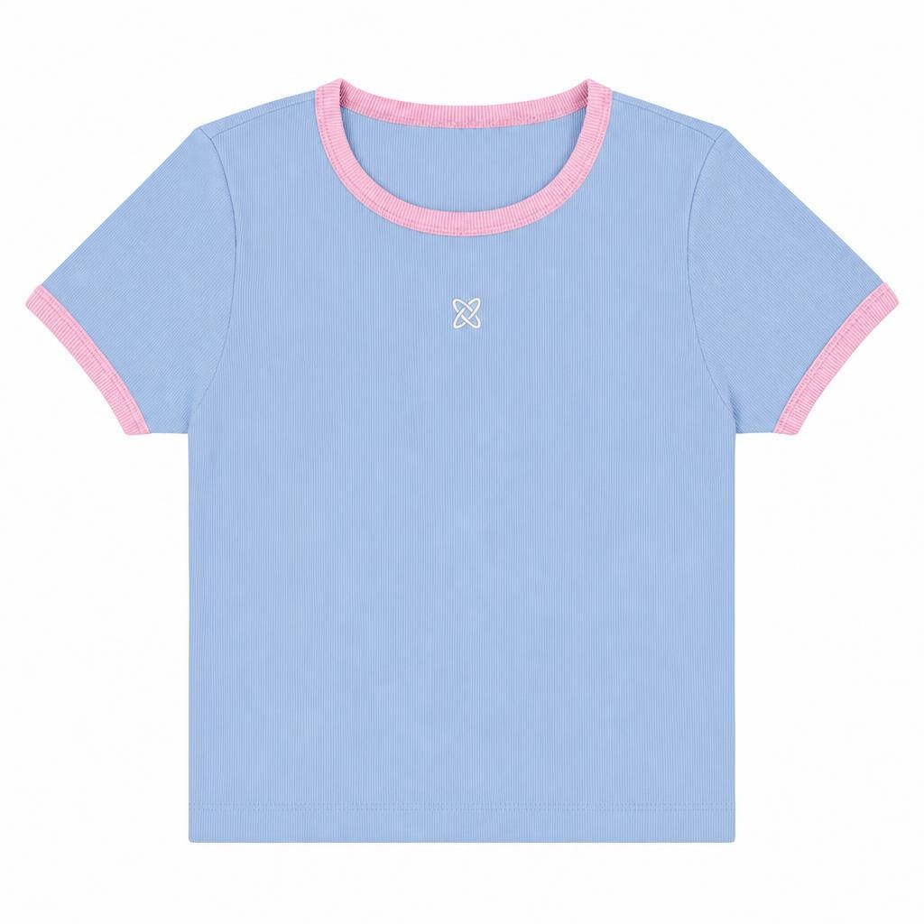 Blusa Manga Corta con Contraste - Azul bebé + Rosado