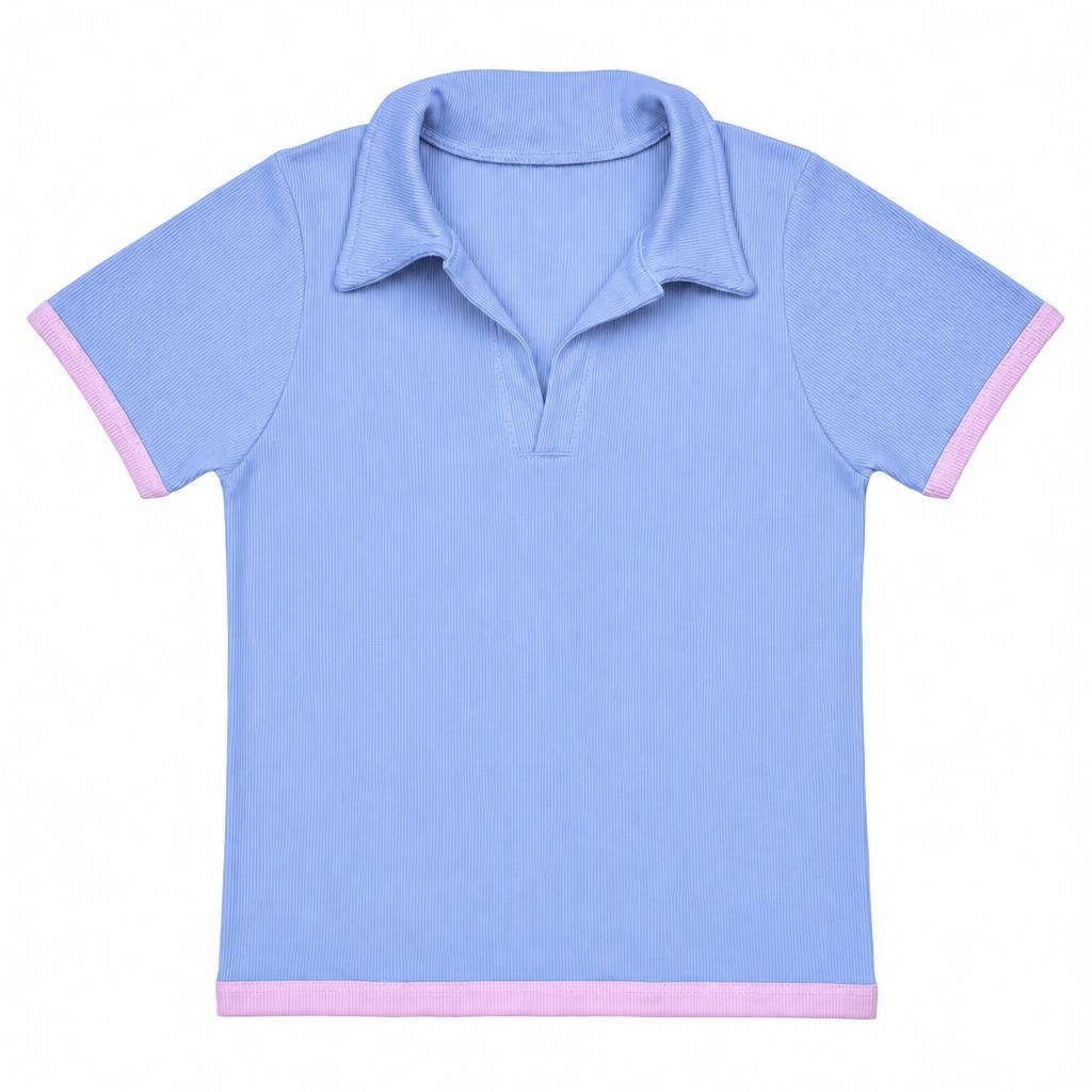 Blusa Polo Contraste - Azul bebé + Rosado
